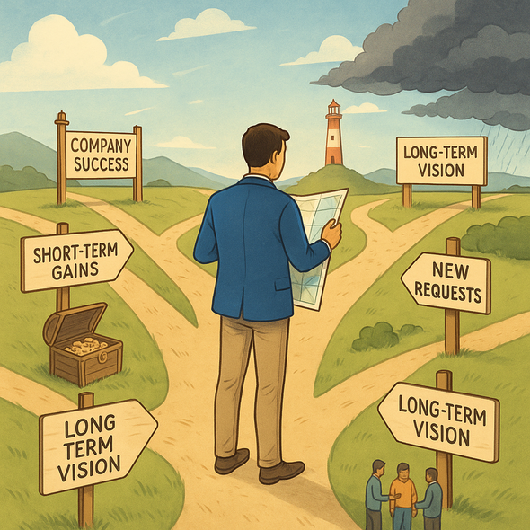 A digital illustration shows a product manager standing at a crossroads, holding a map labeled 